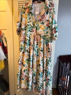 Floral Tiered V-Neck Maxi Dress - White with Pink, Yellow & Green Floral Print
